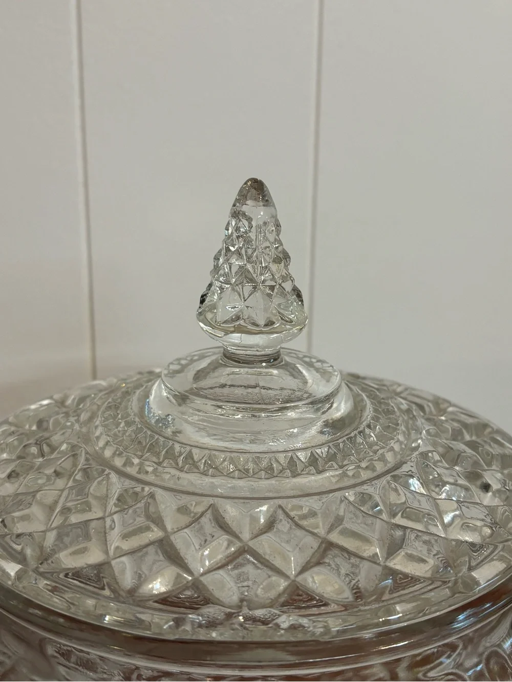 VTG Indiana Glass Diamond Point Hexagon Cookie Jar Lidded Crystal Canister MCM